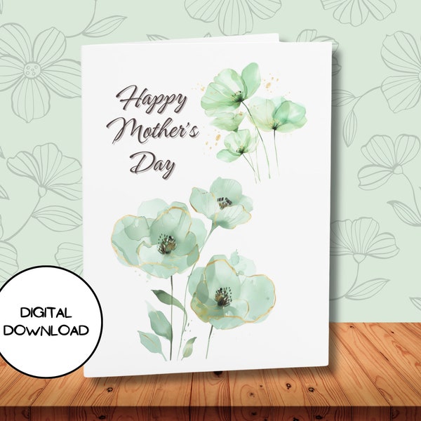 Warm Happy Mother's Day Digital Card l Printable Envelop Included l Downloadable Moody Watercolor Green Flower Design Mom Greeting Postcard