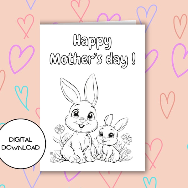 Cute Rabbit Happy Mother's Day Digital Card l Printable Animal Design Postcard for Kid l Children Fun Drawing Paper Mom l Envelop Included