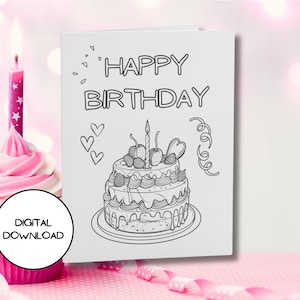 Cartão de bolo de feliz aniversário para impressão l Cartão para colorir para crianças l Envelope incluído l Cartão postal l PDF l JPG l 5x7 l 4x6 l Download ilimitado