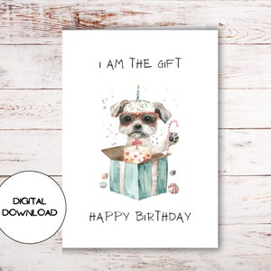 Linda tarjeta de cumpleaños con regalo de cachorro l Postal de felicitación de animal divertida para imprimir l Sobre incluido l Carta doblada descargable en blanco en el interior