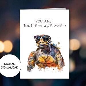 Tarjeta de felicitación digital de acuarela de tortuga divertida l Postal de diseño animal divertido imprimible l Sobre incluido l Mensaje descargable en blanco en el interior