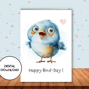 Cartão de aniversário digital de pássaro fofo l Envelope incluído l Impressão de aquarela azul animal design cartão postal l engraçado HBD mensagem conjunto em branco