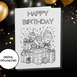 Tarjeta de fiesta de cumpleaños l Caja de regalo y globo l Tarjeta para colorear para niños l Sobre incluido l Imprimible digitalmente l Descarga ilimitada disponible