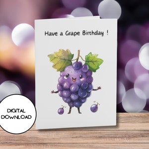 Cartão de aniversário digital fofo de uva l Cartão postal engraçado l Envelope incluído l Kawaii Fruit l PDF l JPG l 5x7 l 4x6 l Download ilimitado