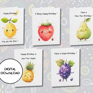 5 Geburtstagskarten Digital Juicy Fruit Design l Druckbare niedliche Aquarell Gruß-Postkarte download l Umschlag enthalten l PDF JPG l 4x6 l 5x7