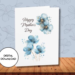 Carte numérique Happy Mother's Day l Carte postale de voeux avec fleurs printanières bleues pour maman l Enveloppe imprimable incluse l Papier floral abstrait
