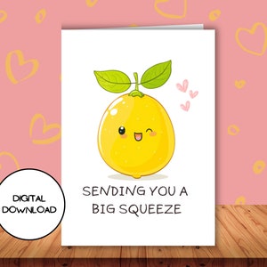 Linda tarjeta de felicitación digital de limón amarillo l Enviándole un gran apretón l Sobre descargable incluido l Diseño de fruta fresca Postal imprimible