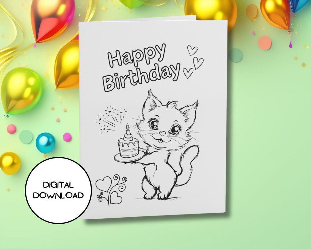 Printable Birthday Cat Card L Cute Cat Holding Birthday Cake L Envelop ...