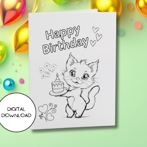 Tarjeta de gato de cumpleaños imprimible l Gato lindo sosteniendo pastel de cumpleaños l Sobre incluido l Tarjeta de gatito Kawaii l PDF l JPG l 4x6 l 5x7 l Ilimitado