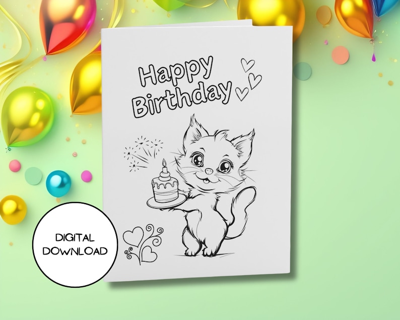 Printable Birthday Cat Card L Cute Cat Holding Birthday Cake L Envelop ...