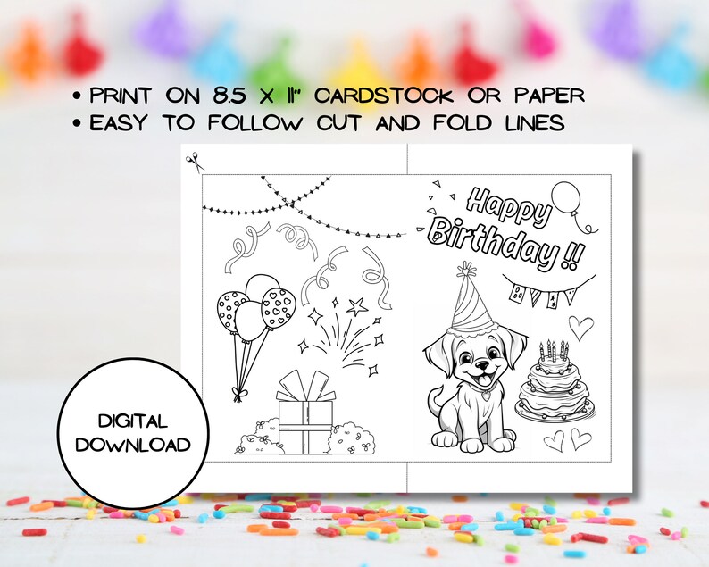 Happy Puppy Coloring Digital Birthday Card L Printable Envelop Included ...