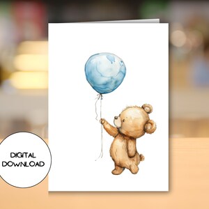 Cartão digital de urso fofo com balão azul l Desenho em aquarela para impressão Animal Cartão postal vazio l Envelope incluído l Download instantâneo