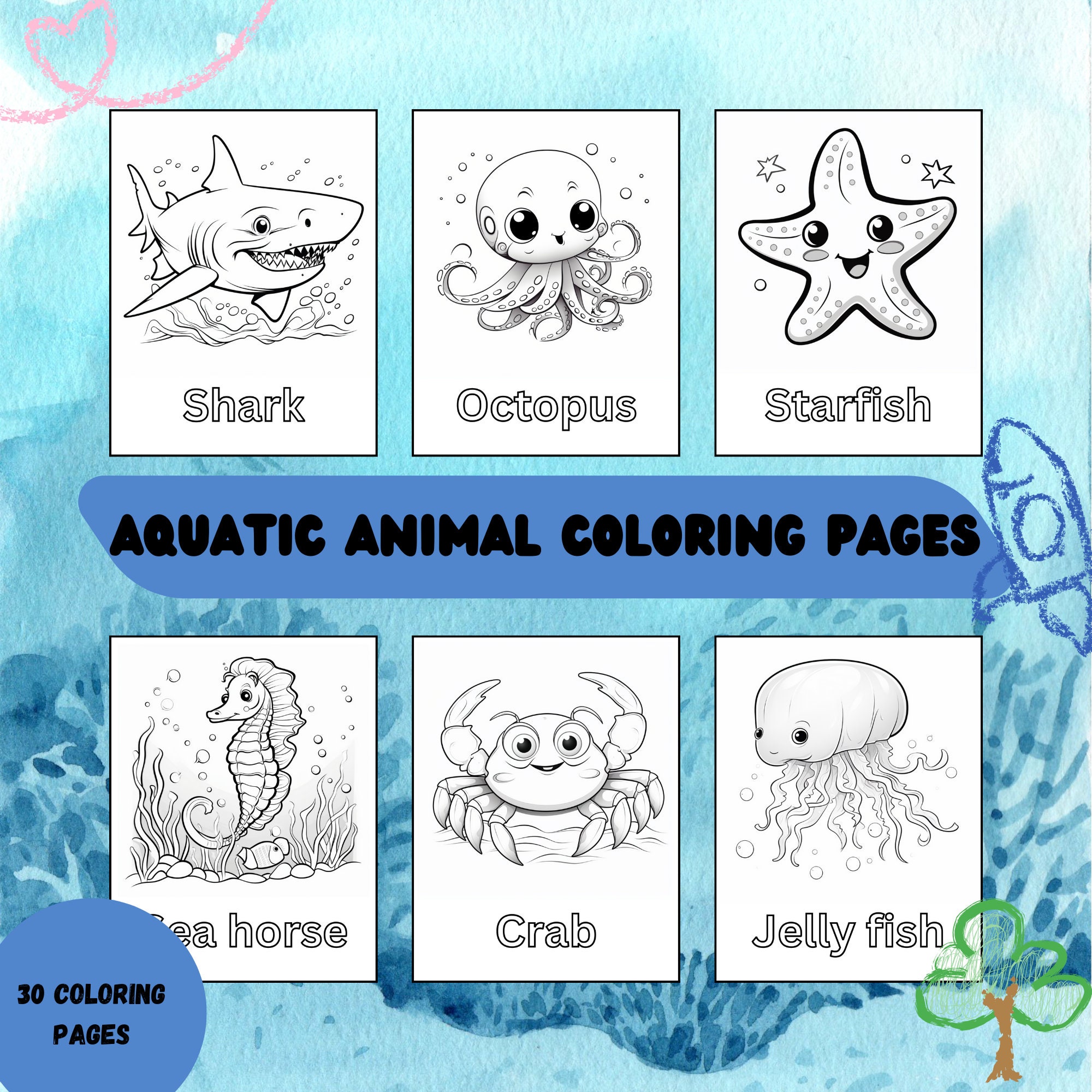 30 Aquatic Animal Coloring Pages for Kids L Digital L Printable L Learn