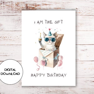 Cartão digital de feliz aniversário de gato fofo l Cartão postal de saudação engraçado de gatinho para impressão l Envelope incluso l Carta divertida de animal para download instantâneo