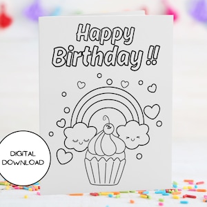Happy Rainbow Cake Digital Coloring Tarjeta de cumpleaños l Sobre imprimible incluido l Descargar inmediatamente l 5x7 l 4x6 l Kid Cute Greeting card