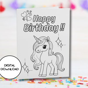 Cartão de aniversário para colorir digital Happy Unicorn l Envelope imprimível incluído l Baixe imediatamente l 5x7 l 4x6 l Cartão postal de felicitações para crianças fofas