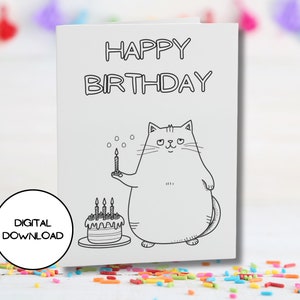 Linda tarjeta de cumpleaños de gato gordo l Tarjeta para colorear de gatito divertido l Mensaje de cumpleaños para niños l Tarjeta de felicitación imprimible digitalmente l Sobre incluido
