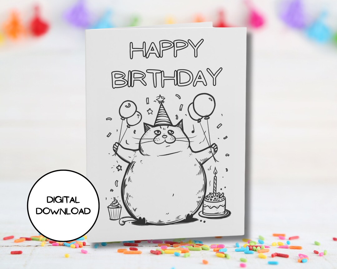 Cute Party Cat Birthday Card L Digital Download Available L Envelop ...