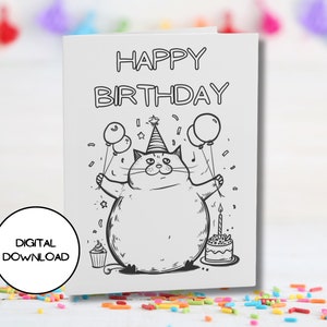 Linda tarjeta de cumpleaños de gato de fiesta l Descarga digital disponible l Sobre incluido l Tarjeta de felicitación para colorear para niños l Tarjeta JPG PDF imprimible