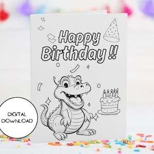 Happy Alligator Digital Coloring Tarjeta de cumpleaños l Sobre imprimible incluido l Descargar inmediatamente l 5x7 l 4x6 l Cute Kid Greeting Postal