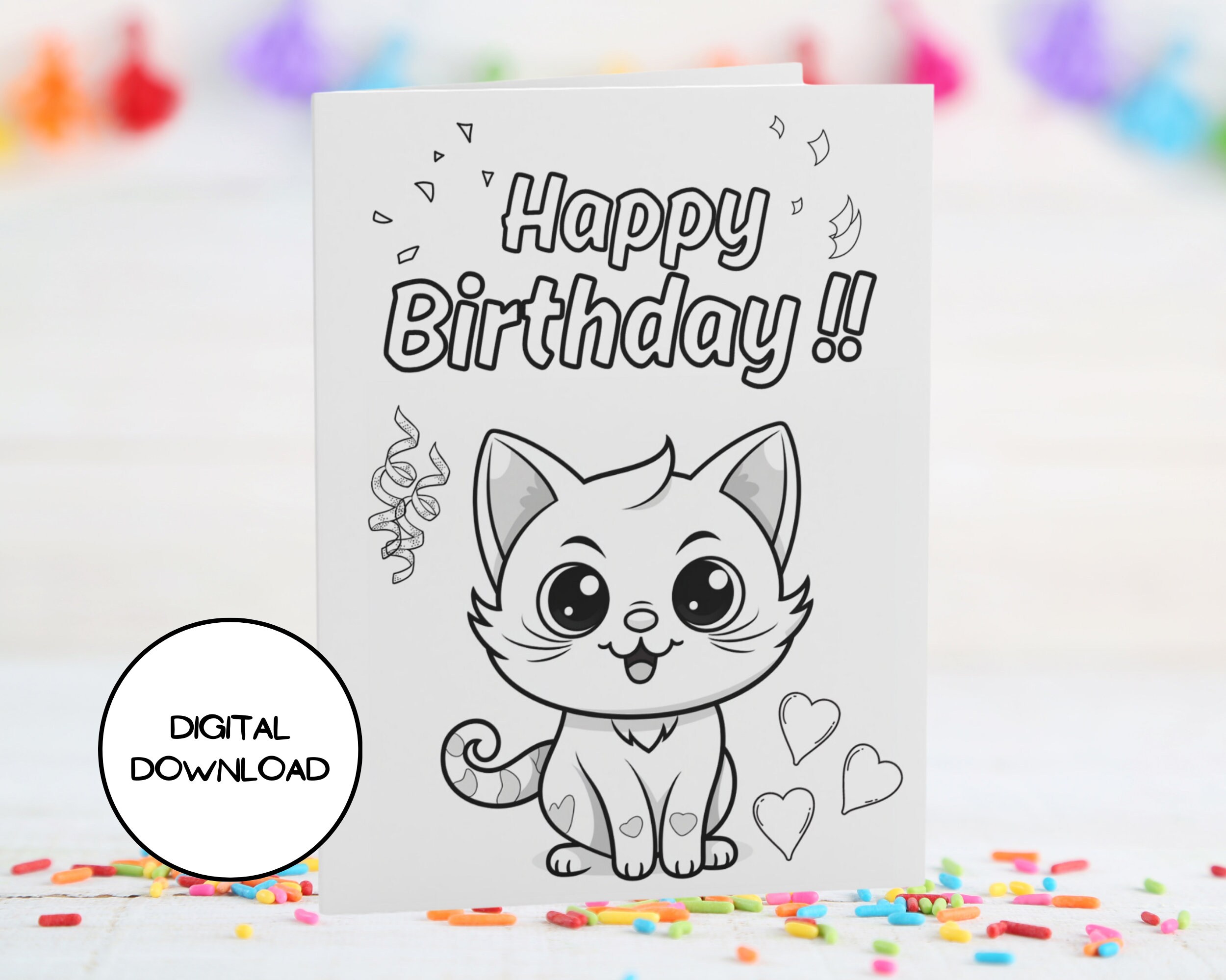 Cute Kids Digital Coloring Birthday Card L Birthday Cat L Digital Card ...