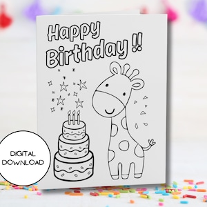Cartão de aniversário para colorir digital Happy Giraffe l Envelope imprimível incluído l Baixe imediatamente l 5x7 l 4x6 l Cartão postal infantil fofo de felicitações