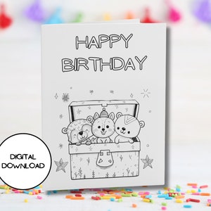 Tarjeta de cumpleaños con animales imprimibles en caja de regalo l Linda tarjeta de cumpleaños para colorear l Sobre incluido l Descarga digital l Impresión ilimitada disponible