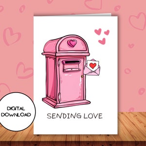 Pensando en ti Tarjeta de felicitación digital l Envío de amor Papel postal imprimible l Linda carta de diseño de buzón rosa l Sobre incluido Descargar