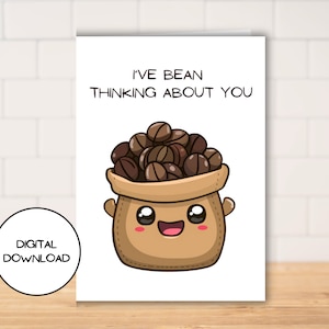 Cartão de felicitações digital com design fofo de grãos de café l Cartão postal engraçado para impressão l Envelope incluído l Carta em branco para download dentro
