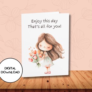 Herzliche Nachricht, süßes Mädchen mit Blume, digitale Karte, herunterladbarer Umschlag, druckbare Frühlings-Blumen-Grußpostkarte, l Liebe-Dankeschön-Nachricht