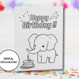 Tarjeta de cumpleaños digital para colorear con un elefante feliz l Sobre imprimible incluido l Descarga inmediata l 5x7 l 4x6 l Postal de felicitación linda para niños