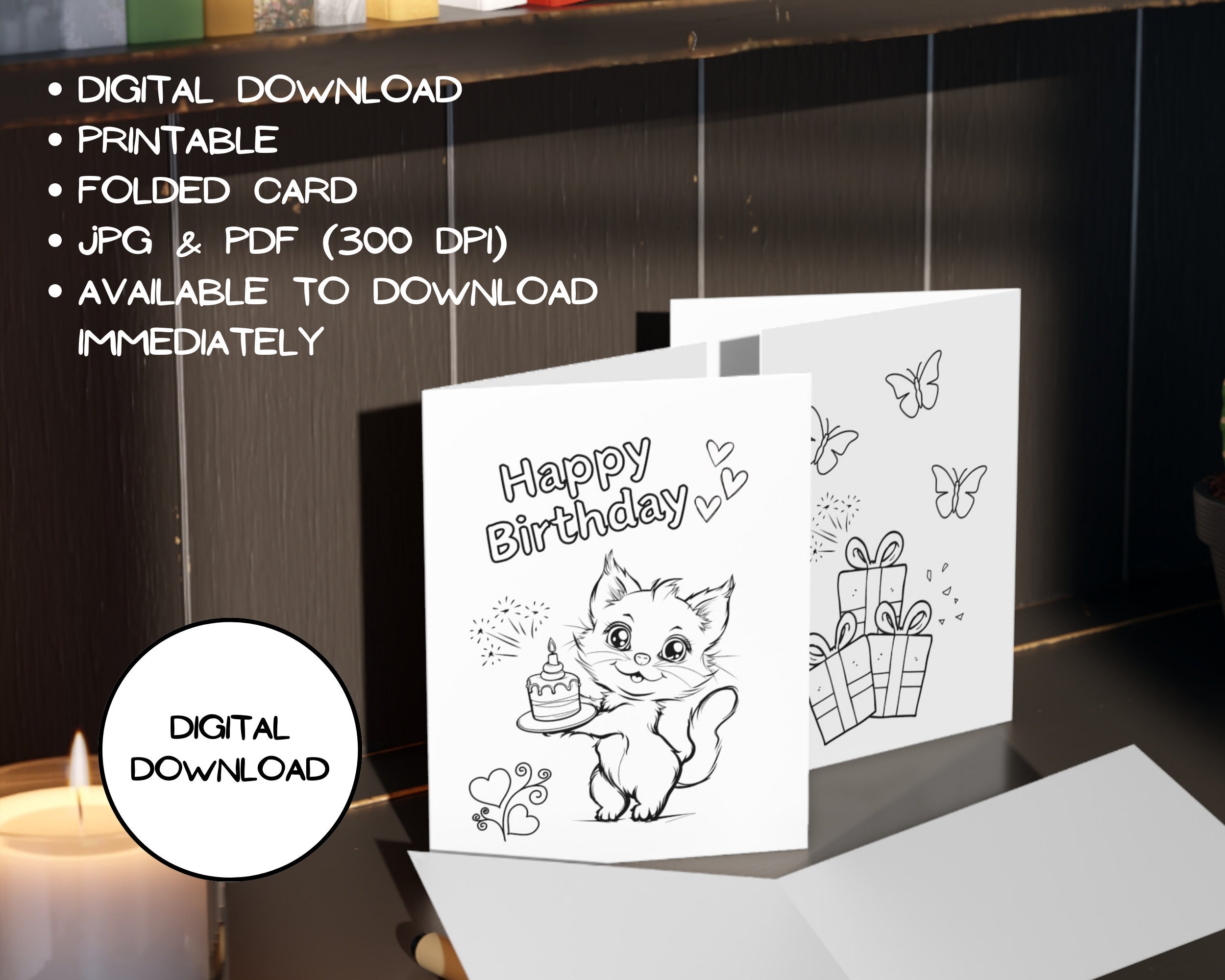 Printable Birthday Cat Card L Cute Cat Holding Birthday Cake L Envelop ...