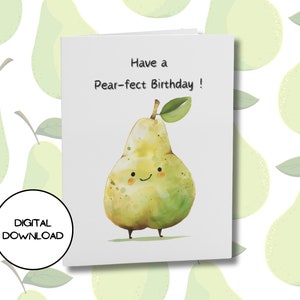 Carte d'anniversaire numérique design mignon poire juteuse l Enveloppe imprimable incluse l Message de voeux de fruits Kawaii téléchargeable PDF JPG l 5 x 7 l 4 x 6