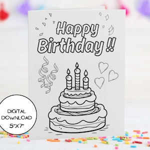 Feliz tarjeta de cumpleaños para colorear digital Diseño de pastel l Sobre imprimible incluido l Descargar inmediatamente l 5x7 l 4x6 l Tarjeta de felicitación linda para niños