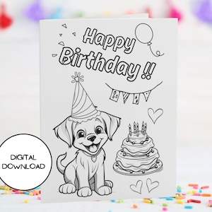 Cartão de aniversário digital para colorir Happy Puppy l Envelope imprimível incluído l Baixe imediatamente l 5x7 l 4x6 l Kid Cute Dog Greeting Postcard