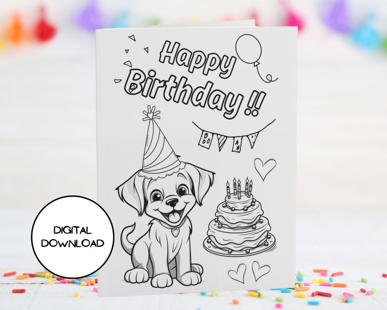 Happy Puppy Coloring Digital Birthday Card L Printable Envelop Included ...