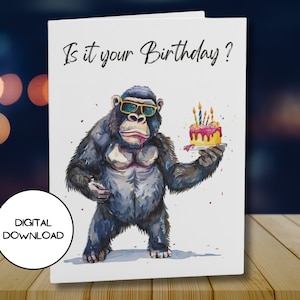 Cartão de aniversário engraçado de gorila para impressão l Envelope para download incluído l Cartão postal divertido de felicitações para impressão PDF JPG Download instantâneo l 5x7 l 4x6