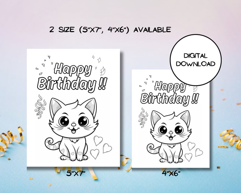 Cute Kids Digital Coloring Birthday Card L Birthday Cat L Digital Card ...