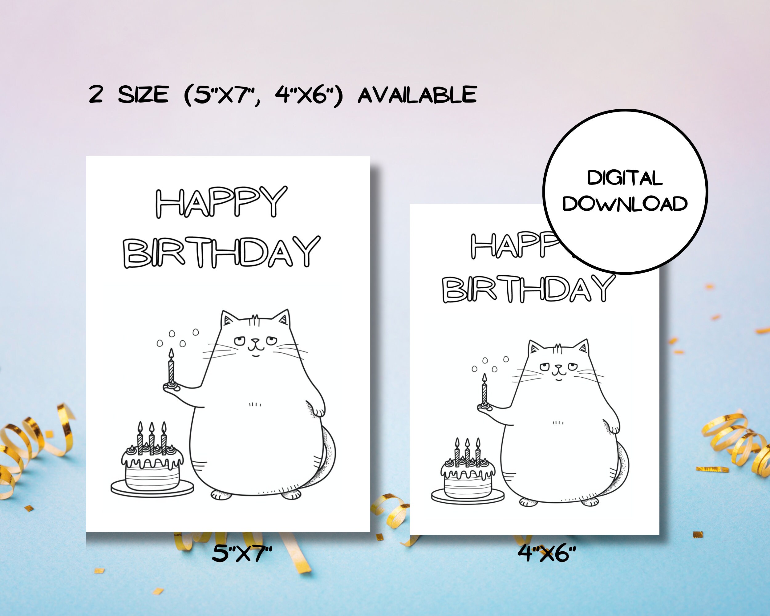 Cute Fat Cat Birthday Card L Funny Kitten Coloring Card L Birthday ...