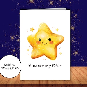 Tarjeta de felicitación digital de estrella amarilla brillante l Linda postal doblada imprimible l Sobre descargable incluido l En blanco dentro l Descarga instantánea