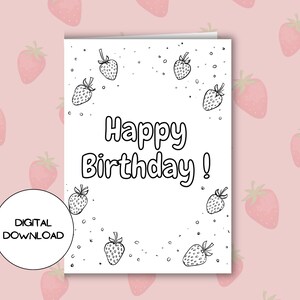 Tarjeta para colorear digital de fresa fresca para niños l niños imprimibles feliz cumpleaños mensaje carta l sobre incluido l postal descargable