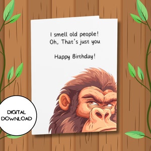 Cartão de aniversário digital engraçado Gorila Alta qualidade 300 DPI l Envelope incluído l Cartão postal de saudação com design divertido para impressão l Design para download