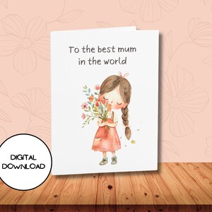 Süßes Mädchen mit Blume, digitale Karte „Happy Mother's Day“, l druckbarer Umschlag inklusive, l „Best Mom“-Grußpostkarte im Aquarell-Design