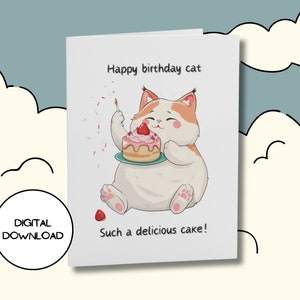 Carte numérique chaton mignon avec gâteau d'anniversaire l Carte de voeux imprimable avec chat de bande dessinée l 300 DPI l Téléchargement illimité PDF JPG design l 5 x 7 l 4 x 6