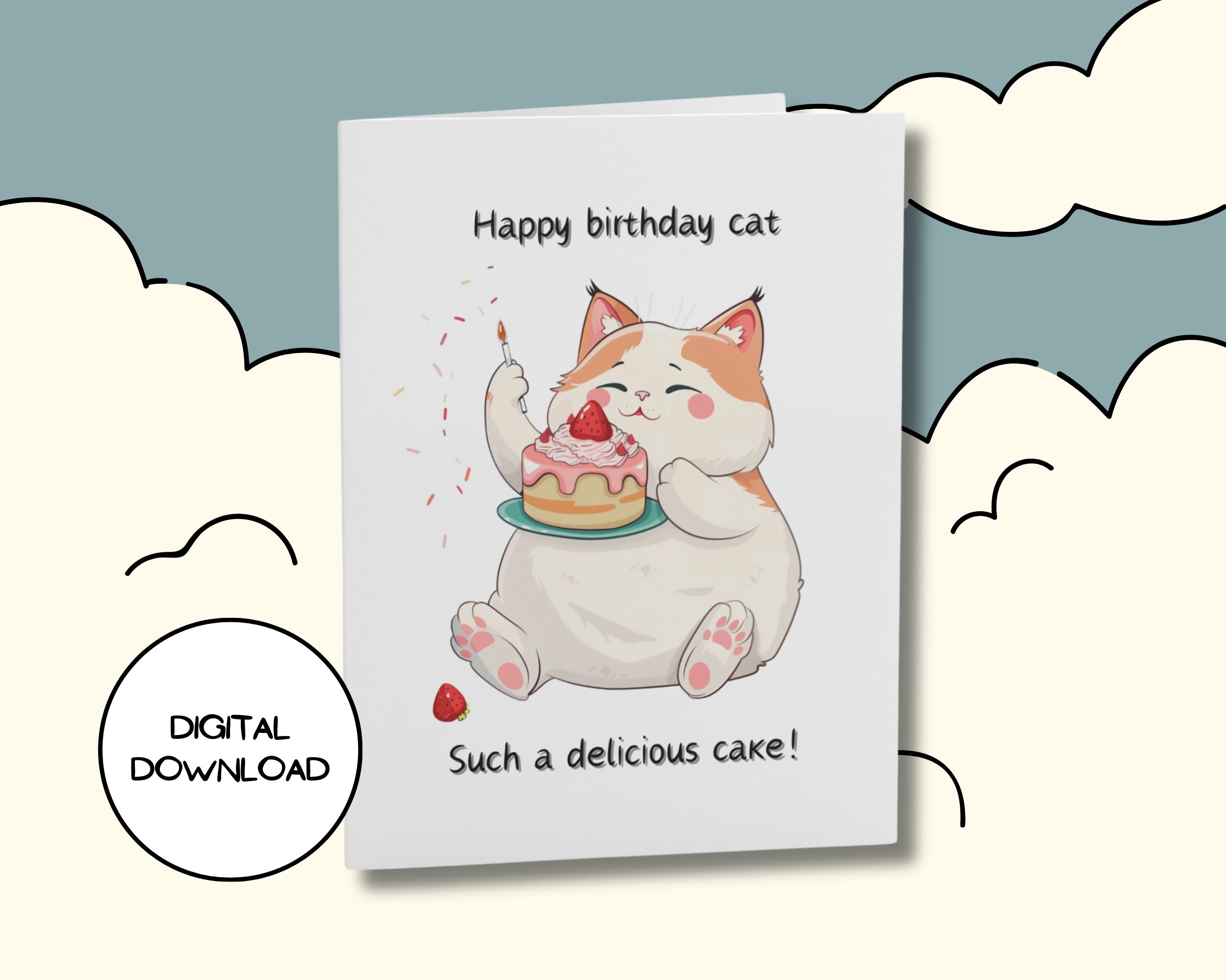 Digital Cute Kitten With Birthday Cake Card L Printable Cartoon Cat ...
