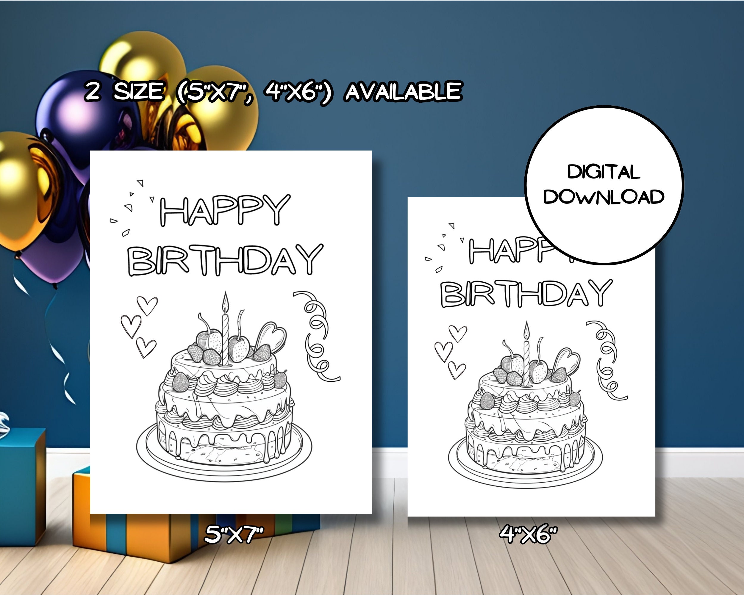 Printable Happy Birthday Cake Card L Kids Coloring Greeting Card L ...