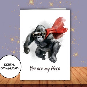 Grappige Gorilla digitale wenskaart l Je bent mijn held l Afdrukbare envelop inbegrepen l Fun KingKong Message Postcard l 2 lettergrootte beschikbaar
