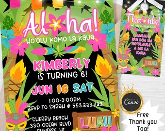 Luau Birthday Invitation Aloha Hawaii Birthday Theme Invitation Beach Party Tropical Flowers Palm Trees