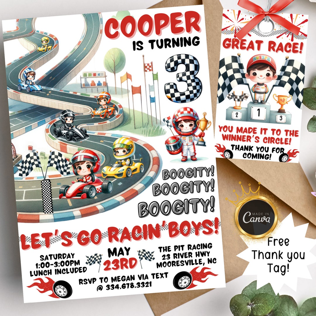 Racing Cars 3rd Birthday Invitation Go-carts Race Car Theme Race Track ...