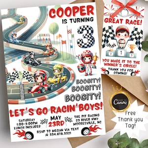 レーシングカー 3歳の誕生日招待状 ゴーカート レースカーテーマ レーストラック フィニッシュライン チェッカーフラッグ カーレース